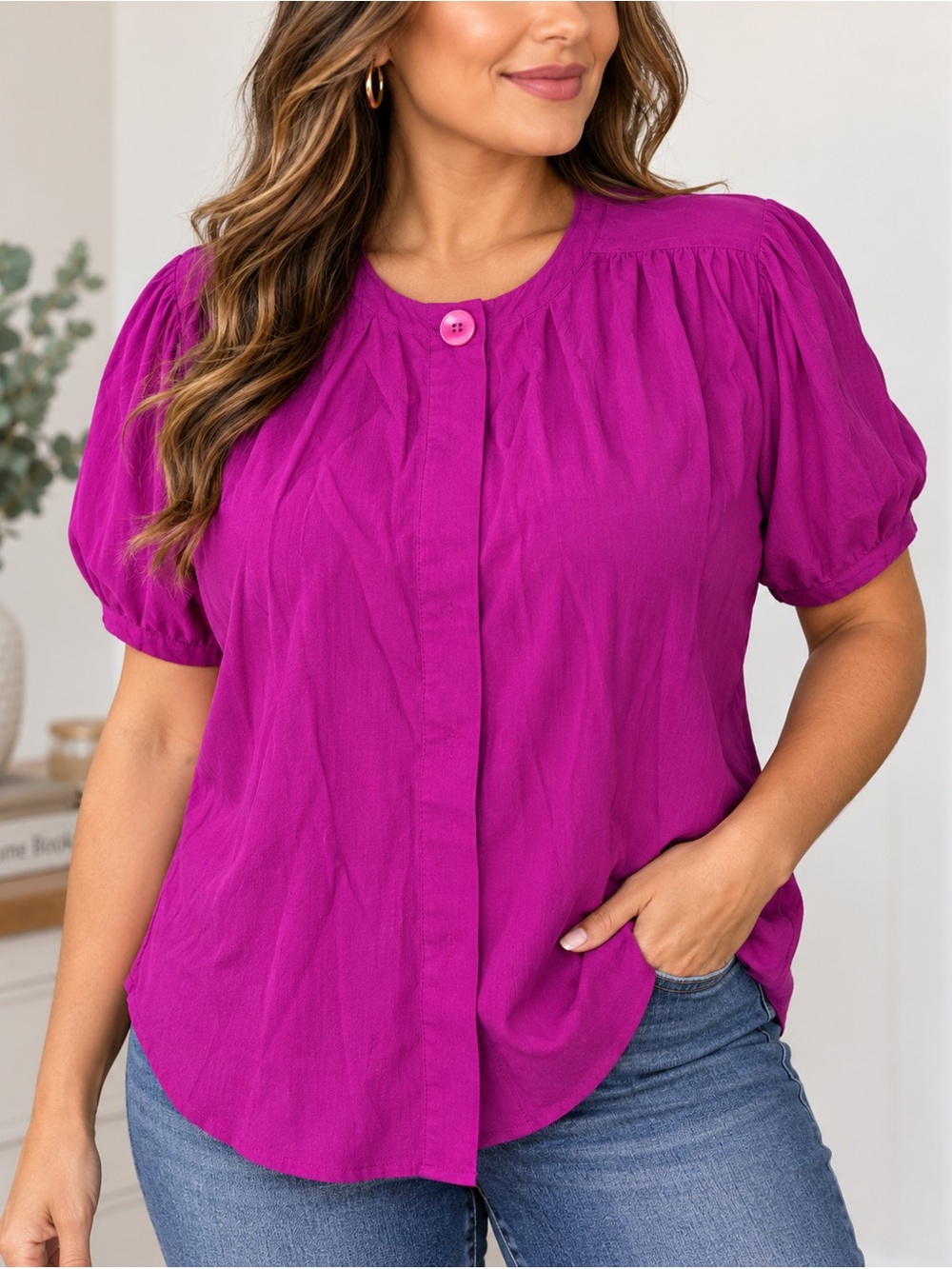Vintage Adesso Women’s Magenta Fuchsia Blouse Made in USA Button Front 38” Bust